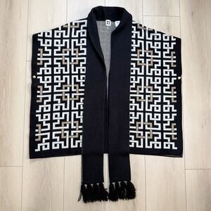 Anne Klein Womens L Black Geo Knit Poncho Cape Fringe Clip Front Wrap Sweater